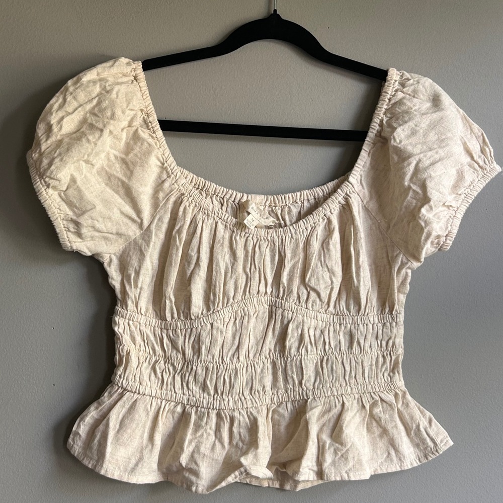 Sim & Sam Womens Smocked Peplum Top Beige Cotton Linen Puff Sleeve Blouse M